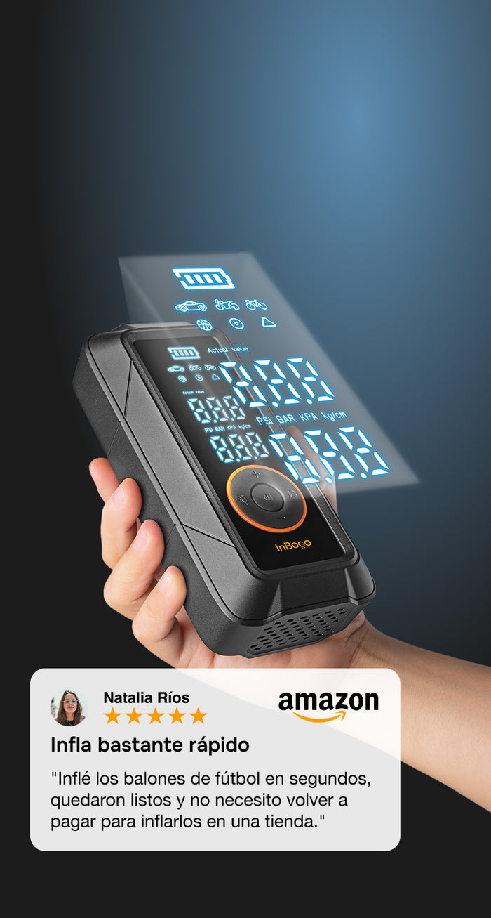 Compresor portátil Inbogo con pantalla LED proyectada y reseñas positivas de clientes