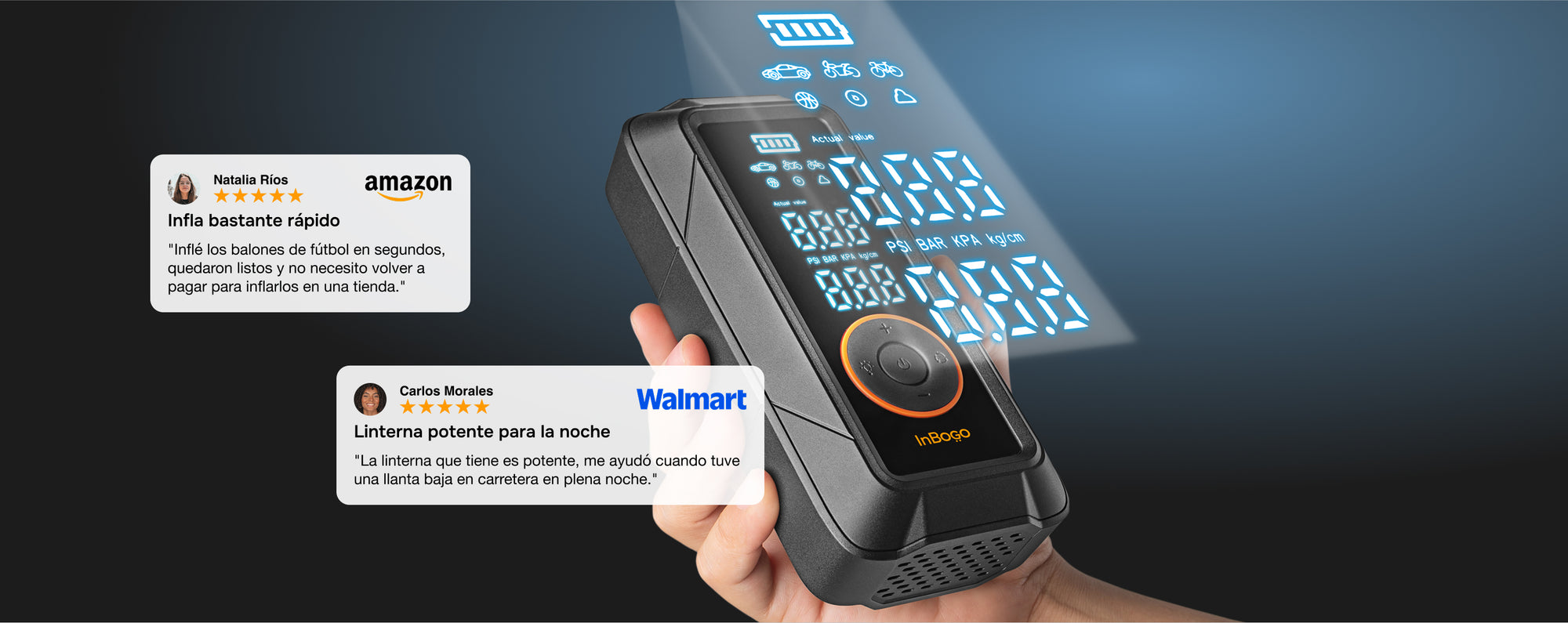 Compresor portátil Inbogo con pantalla LED proyectada y reseñas positivas de clientes