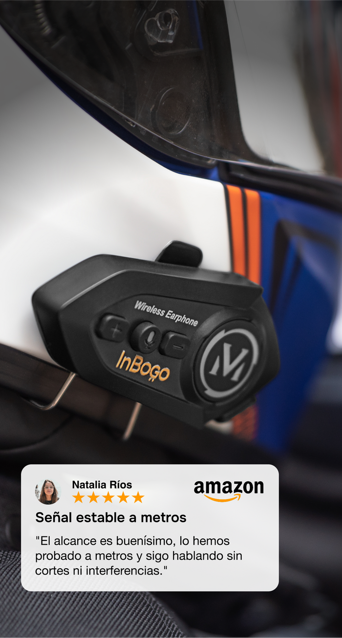 Motociclista usando el intercomunicador Bluetooth Inbogo destacando su alcance, y resistencia.