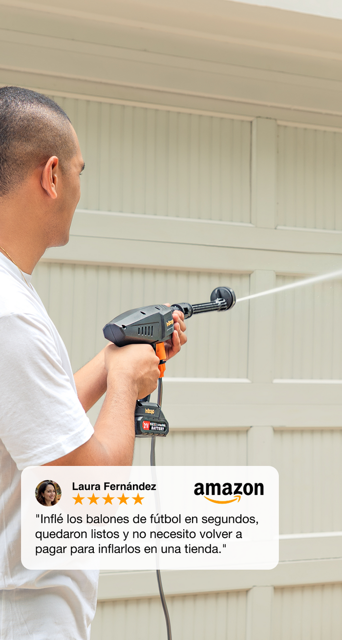 Compresor portátil Inbogo con pantalla LED proyectada y reseñas positivas de clientes