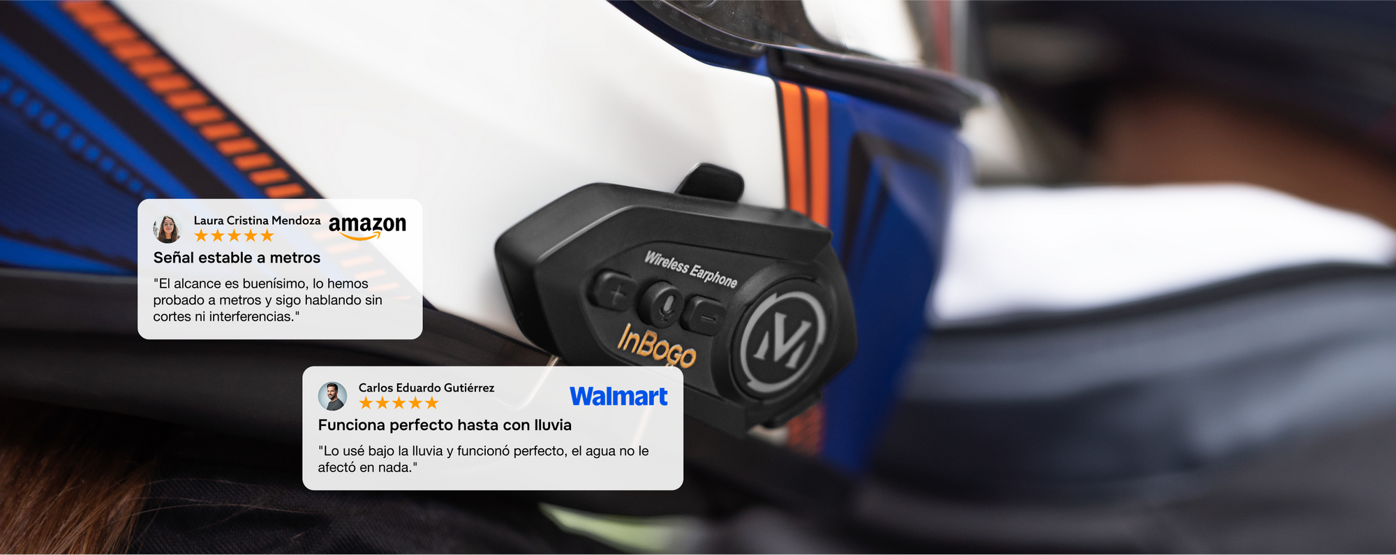 Motociclista usando el intercomunicador Bluetooth Inbogo destacando su alcance, y resistencia.