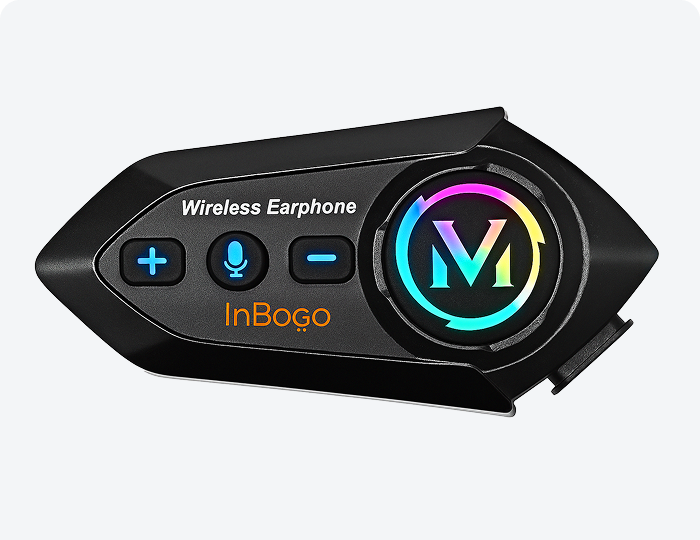 Intercomunicador Bluetooth Inbogo con luces LED y botones de control.