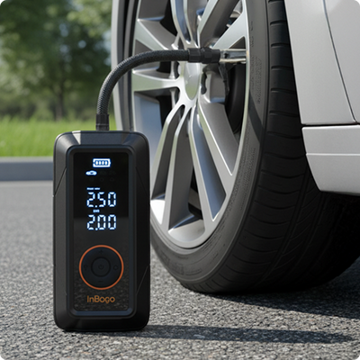 Compresor de aire portátil Inbogo conectado a la llanta de un automóvil